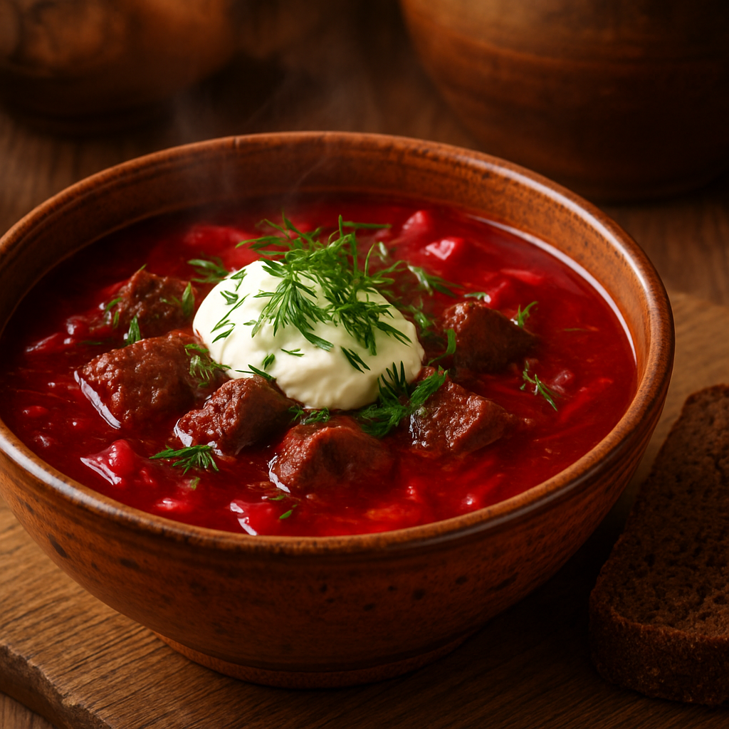 Rich Ukrainian borscht with beef, sour cream and fresh dill