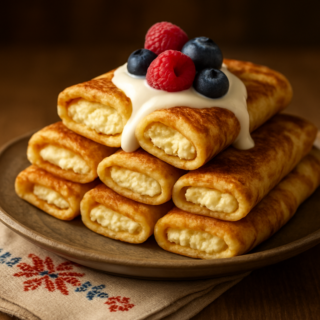 Thin Ukrainian crepes with cottage cheese and fresh berries