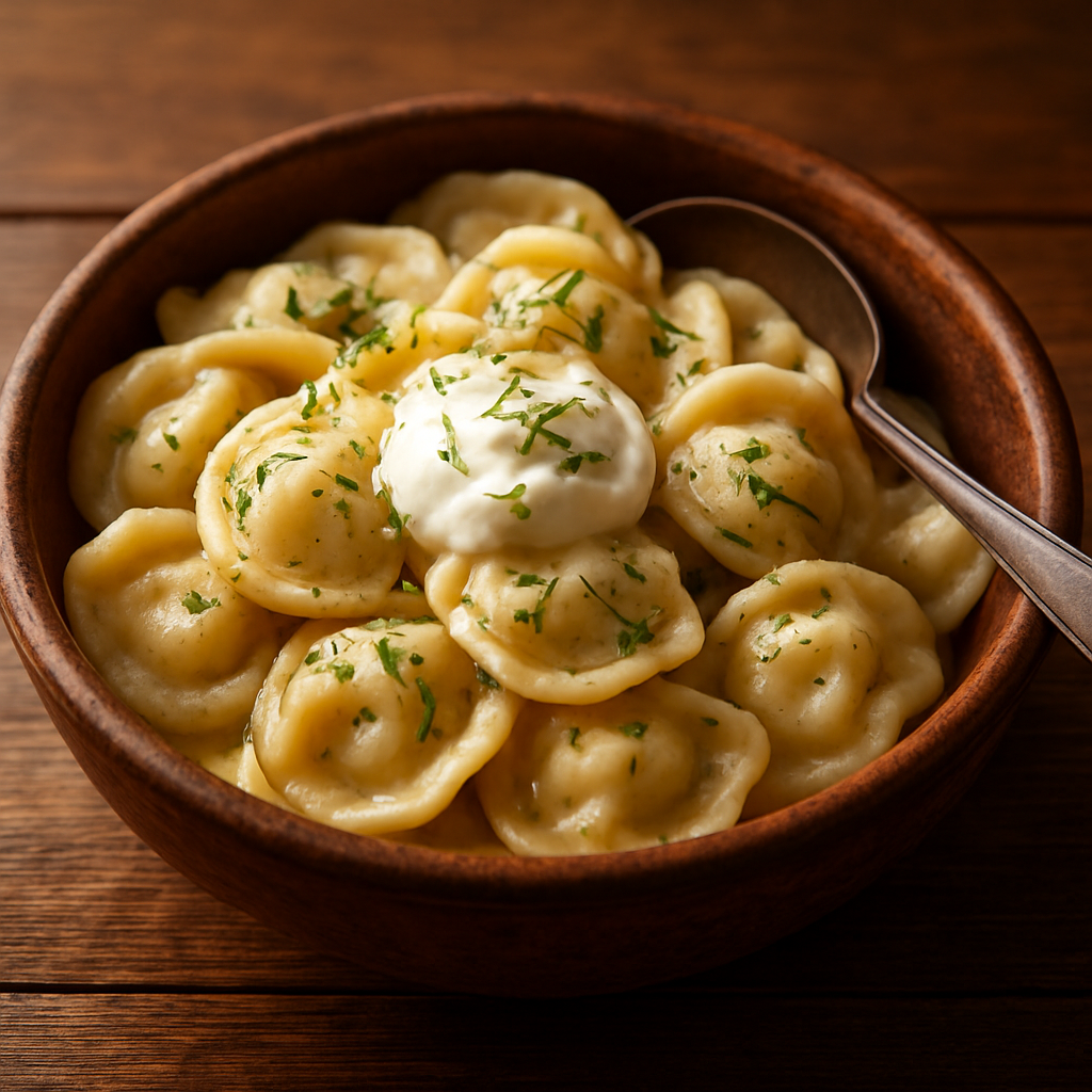 Hand-made pelmeni with butter and fresh herbs
