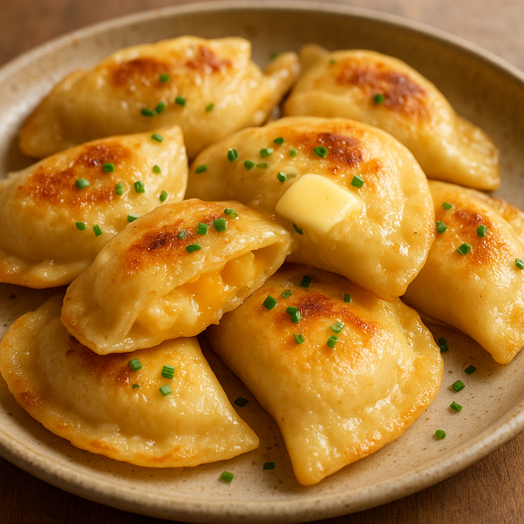 Potato & cheddar pierogies with melted cheese and chives