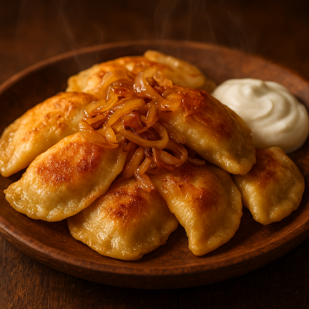 Golden potato & onion pierogies with caramelized onions and sour cream